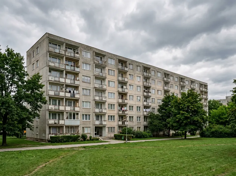 Panelházak homlokzata erkélyekkel, borult égbolt alatt