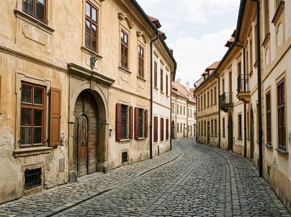 Régi belvárosi utca vakolt, barokk stílusú homlokzatokkal